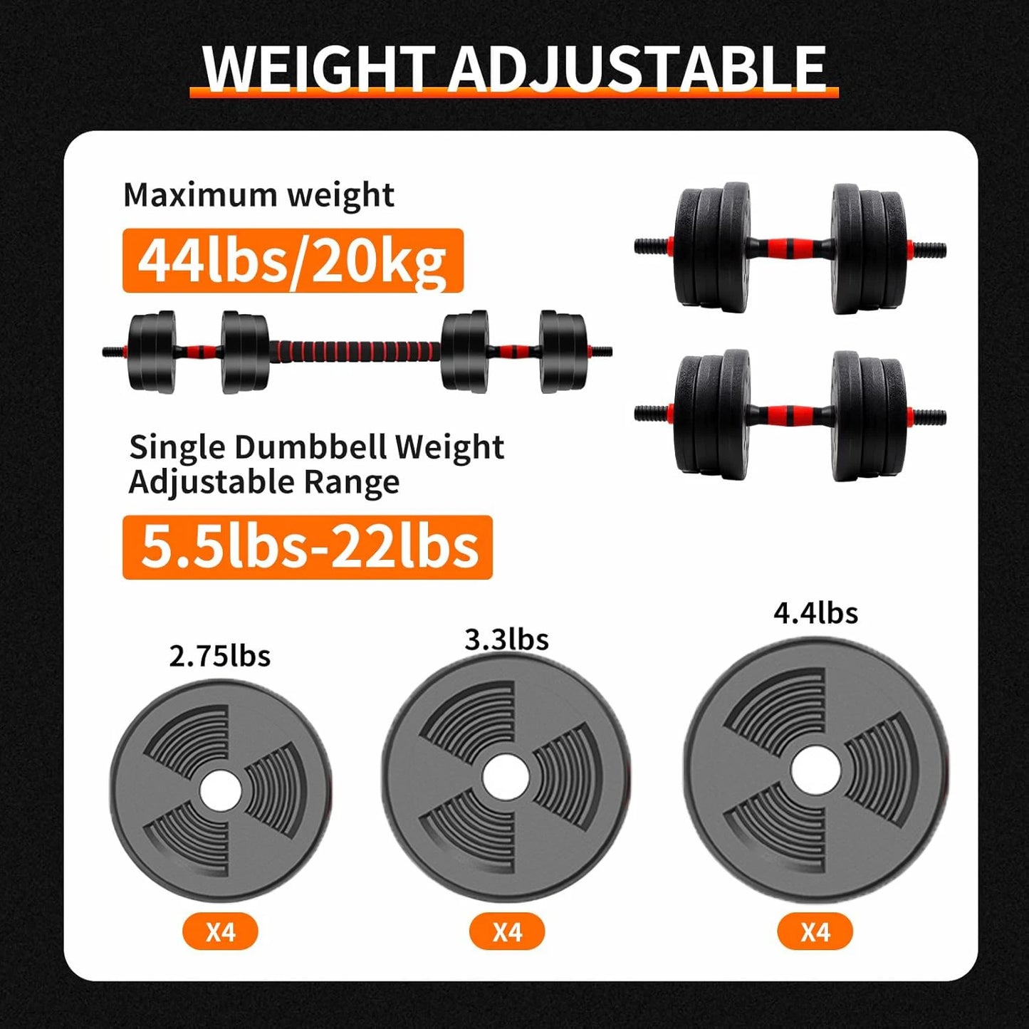 5-44lbs Adjustable Dumbbell to Barbell Set